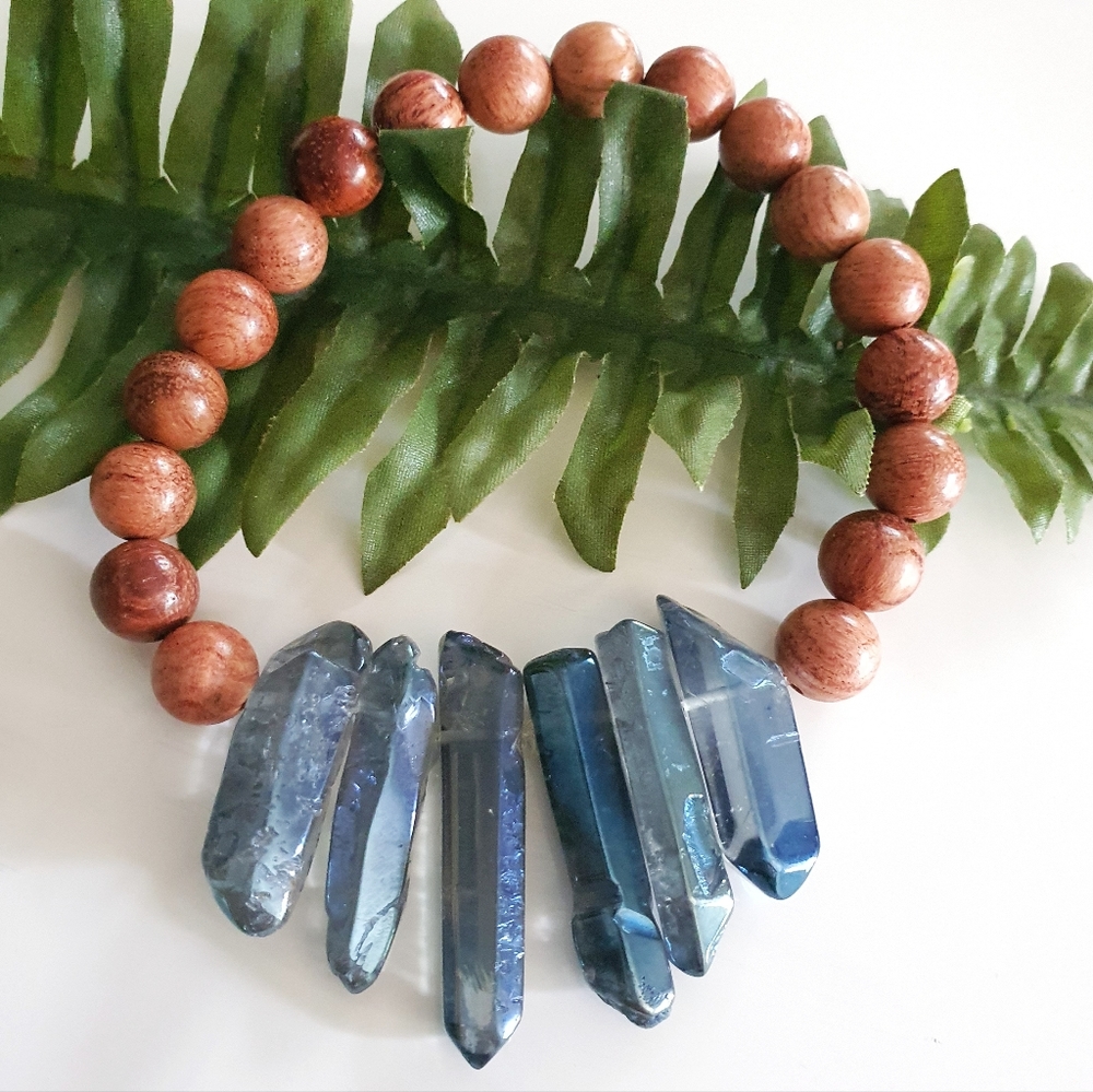 Blue Luster Crystals  & Polished Wood Beads Stretch Bracelets